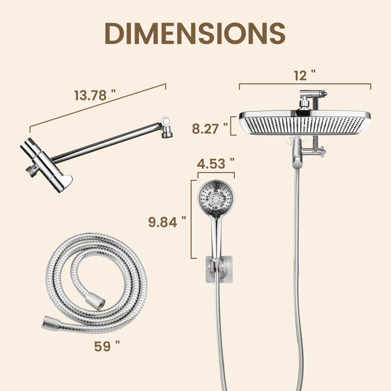 12-Inch Rain Dual Shower Head with Extension Arm Combo with 8-Spary Multifunction Handheld Spray Chrome, Chrome