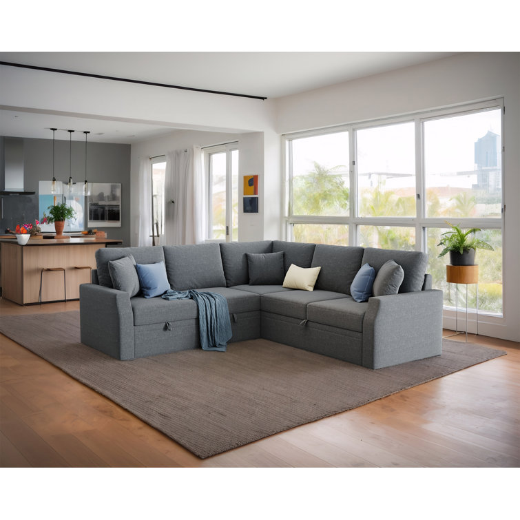 Sofa Bed, Sleeper Sofa with Pull Out Bed & Storage Seat, L Shape Sofa for Living Room, Beige Linen