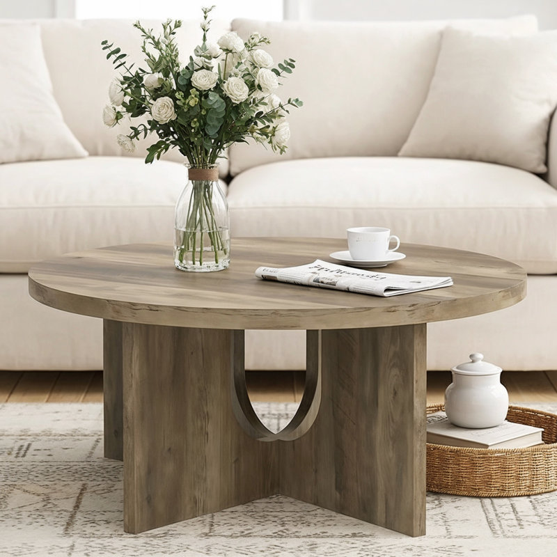Arvyn Modern 31.5" Cross-Base Round Living Room Coffee Table, Brown