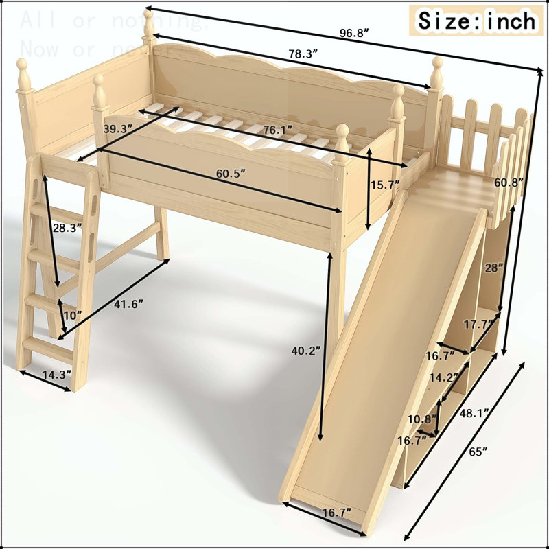 Lit mezzanine simple avec tablettes de rangement, garde-robe et glissade amovible, Naturel, Lit simple