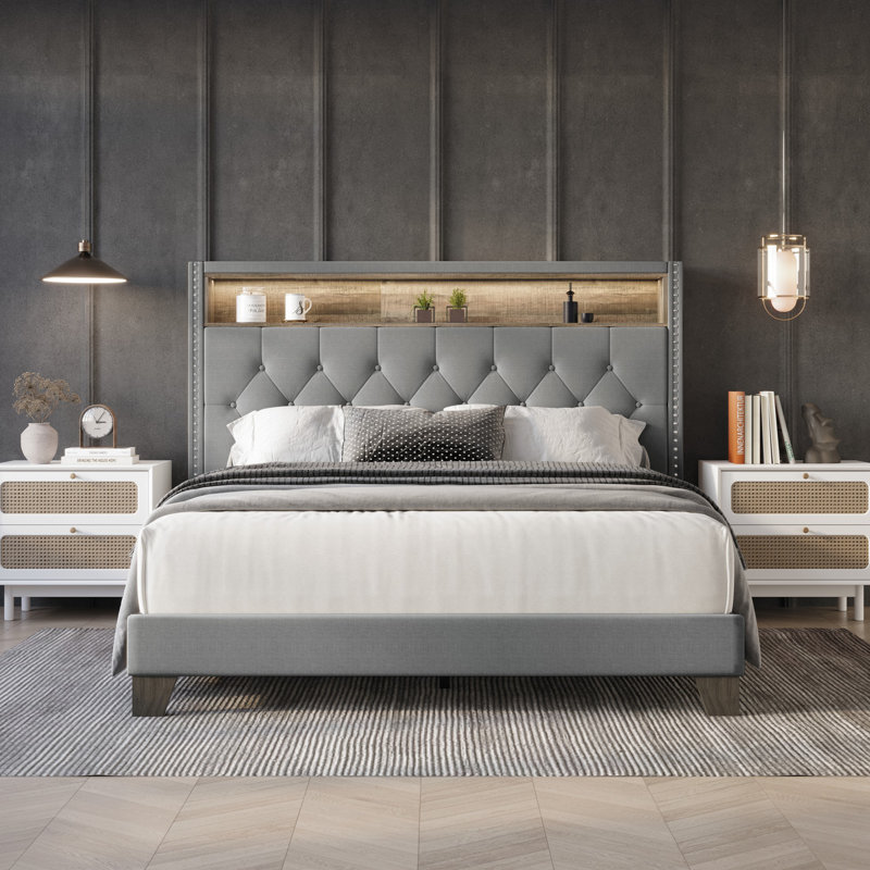 Fording Upholstered Bookcase Storage Bed, Light Gray, Twin