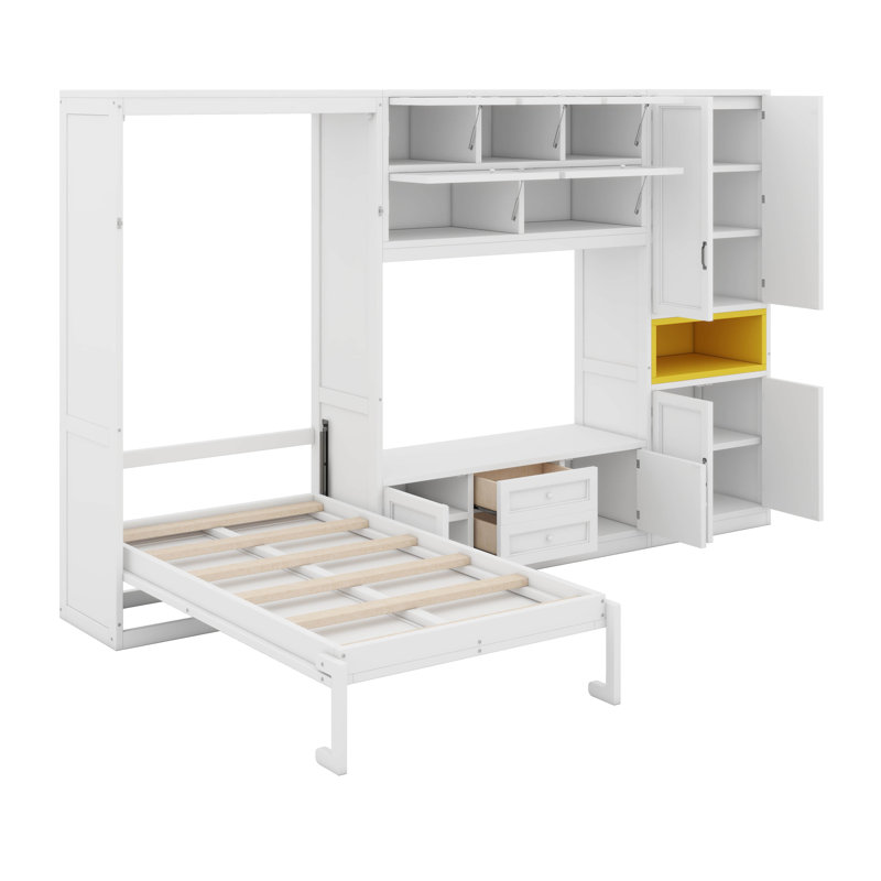 Lit escamotable en bois avec meuble télé, 2 tiroirs, tablettes et armoires, Blanc