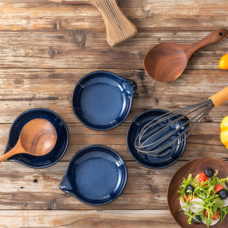 Repose-cuillère en céramique bleue, taille idéale pour les accessoires de cuisine, grès émaillé avec rainure, repose-cuillère empilable d'automne