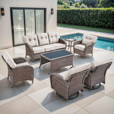 Agnes 7 Person Outdoor Wicker Patio T-Back Cushions Conversation Furniture With Coffee Table by Lark Manor