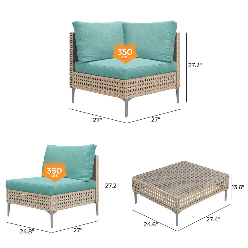 7-Pieces Wicker Conversation Sets, Mint Green Cushion/Gray Wood Frame