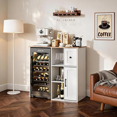 Modern Style 40" Pantry Cabinets with Built-in Power Outlet, Drawer, 3-Tier Shelves & Mini Fridge Storage Space