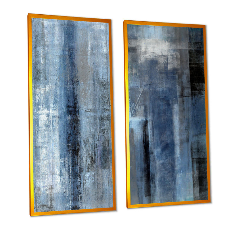 Art mural abstrait bleu gris, ensemble de 2 toiles - Le bleu rencontre l'art abstrait gris, H 40 po x l 40 po, Doré
