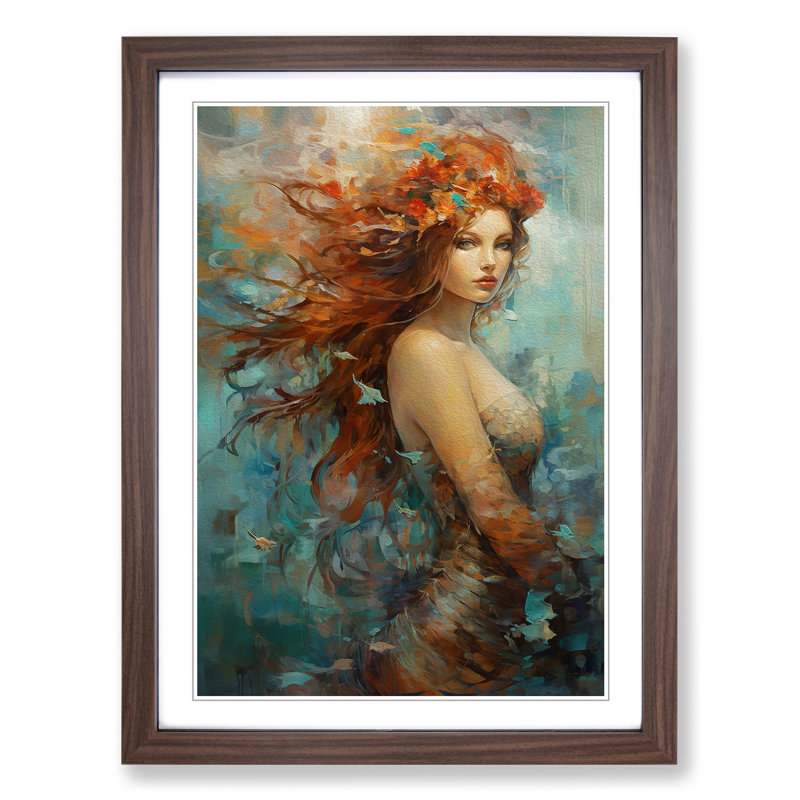 Mermaid Abstract Framed Print, 46cm H x 34cm W x 2cm D, Walnut 