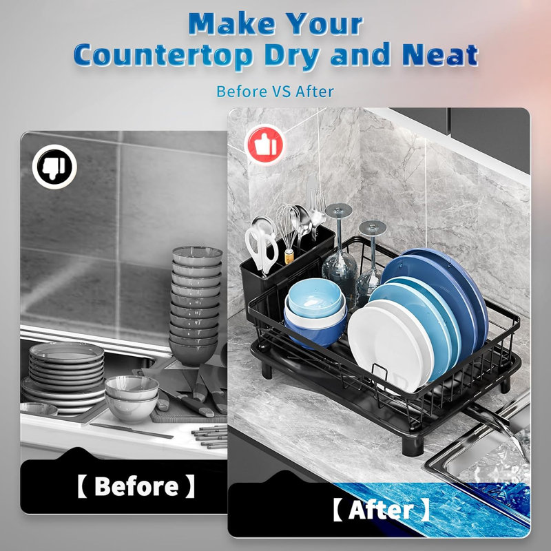 Space-Saving Dish Rack Dish Racks For Kitchen Counter, Satin Black