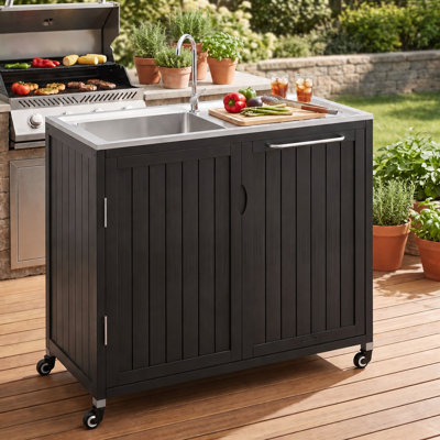 40" Outdoor Kitchen Sink Cabinet with 304 Stainless Steel Prep Top, Faucet, Enclosed Storage and Lockable Wheels