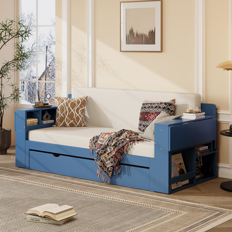 Lit de jour avec bureau amovible, Bleu, Grand lit