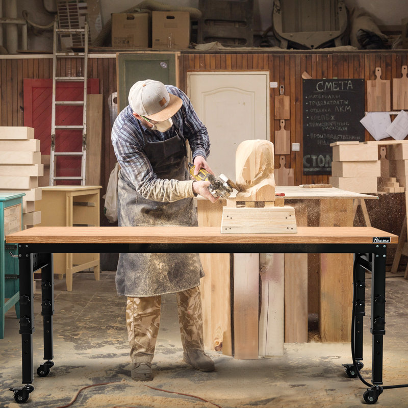 Manufactured Wood Top Height-Adjustable Workbench with Wheels, 27.9" H x 48" W x 20" D