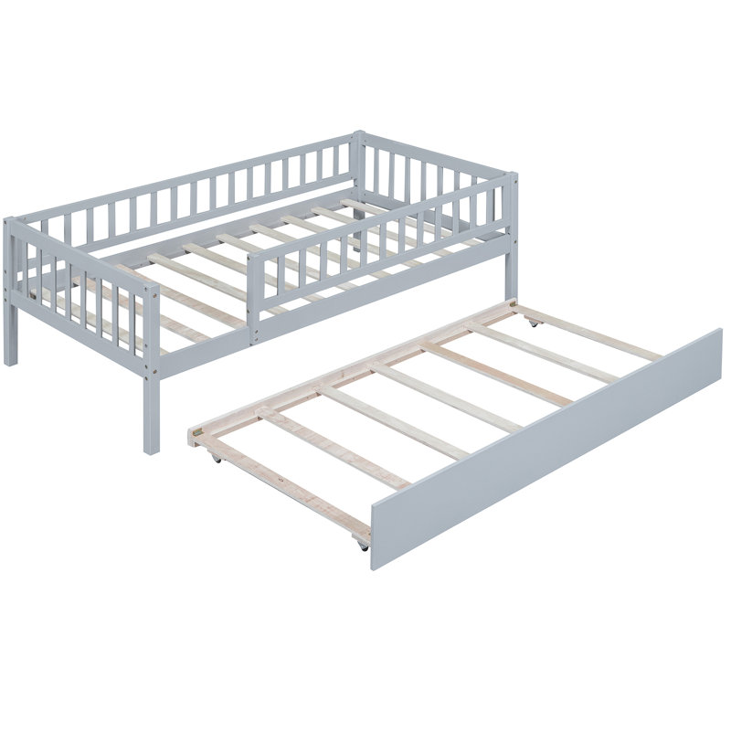 Lit de jour simple avec lit gigogne et barrière de sécurité grise - Structure stable en bois, Gris