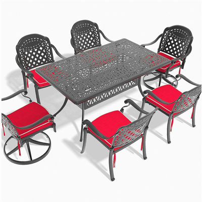 Ensemble de salle à manger 7 pièces en fonte d'aluminium toutes saisons comprenant 2 chaises pivotantes, 4 chaises de salle à manger et une table rectangulaire avec cadre noir (même SKU: W1710S00371)