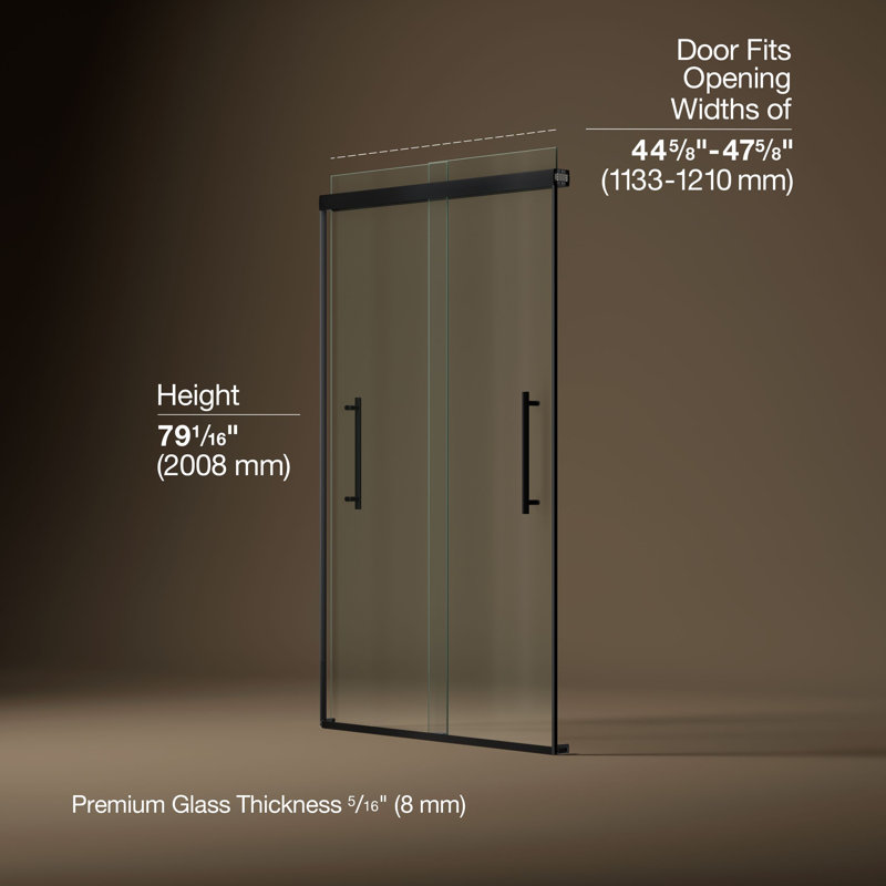 Pleat Frameless Sliding Shower Door, 79-1/16 In. H X 44-5/8 - 47-5/8 In. W, With 5/16 In. Thick Crystal Clear Glass, Black