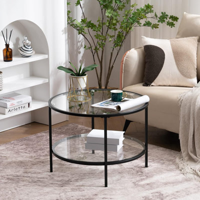 25.59" Double-Layer Round Glass Matte Black Powder-Coated Iron Frame Coffee Table
