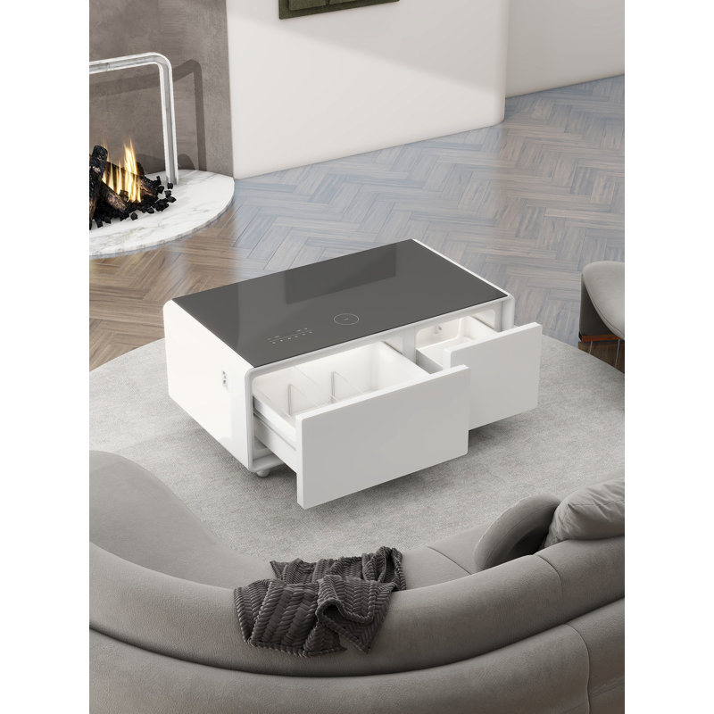 Cherubino Coffee Table with Fridge Cabinet and Bluetooth Stereo with Sockets and Ambient Lighting, White