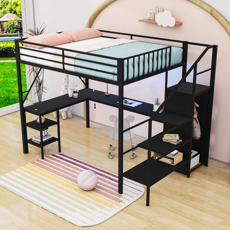 Metal Loft Bed With Open Wardrobe, LED Light, Desk, Charing Station And Storage Stair, Full, Black
