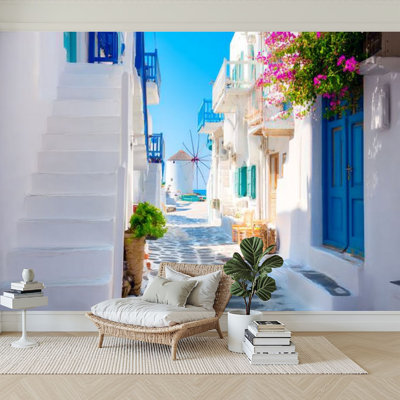 Peel and Stick Wallpaper 96" W x 69" H Modern Self Adhesive Wall Mural for Bedroom island Mykonos Greece Streets traditional architecture White colored