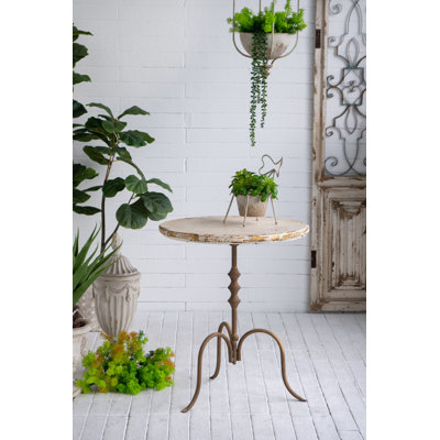 23.5x23.5x27.5" Round Side Table With Distressed White Top, Subtle Gold Accents, And Bronze Iron Base
