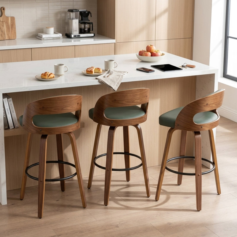 Artnagullian Swivel Vegan Leather Counter And Bar Stools (Set Of 3), Bar Stool (29.9" Seat Height), Green/Faux Leather