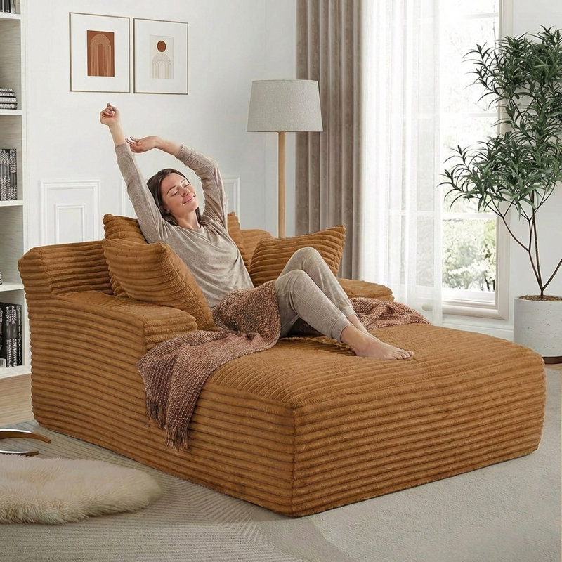 Boneless Oversized Chaise Lounge Chair Indoor, Modern 50-inch Upholstered Corduroy Deep Seat Sofa Bed with 3 Throw Pillows and Armrests, Sleeper Sofa Couch for Living Room, Bedroom Apartment