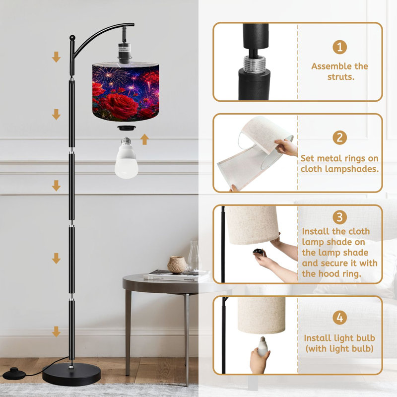  Arc Floor Lamp Vibrant Red Roses Glitter Colorful Fireworks Night Sky Tall Modern Standing Lamp LED Adjustable Linen Lampshade 3 Color Temperatures