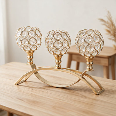 Three-Arm Arched Crystal Candelabra, Gold Candle Holder Table Centerpiece for Wedding, Home Decor, Dining, Party, Thanksgiving and Christmas Decoration