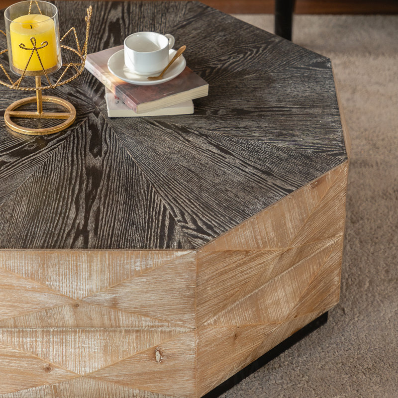 Table basse octogonale, table centrale en bois de style rétro de 96,5 cm (38 po) avec motif en relief tridimensionnel, table basse ronde rustique pour salon ou maison