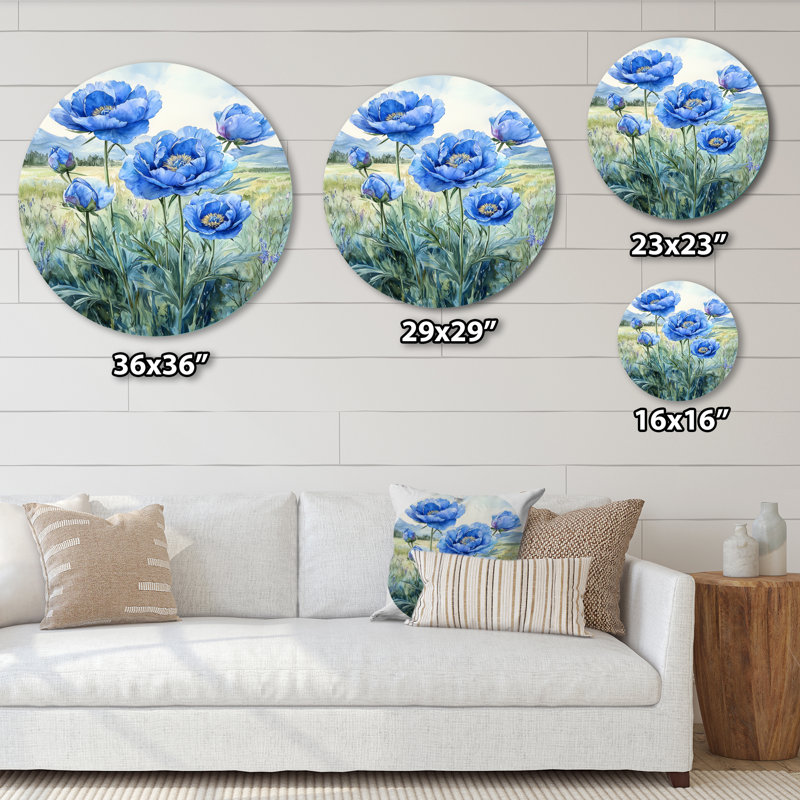 Océan bleu pivoines dans le champ I - impression d'art en métal bleu traditionnel, H 16 po x l 16 po