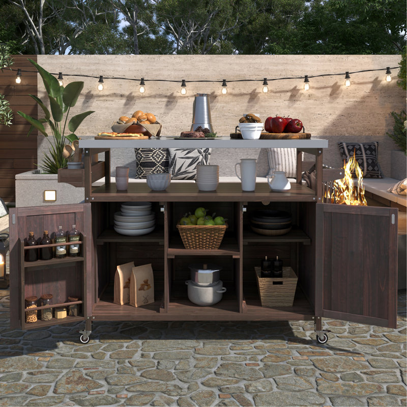 50.25" Outdoor Rolling Grill Cart Potting Bench Table With Stainless Steel Top, Storage Cabinet Kitchen Island, Dark Brown