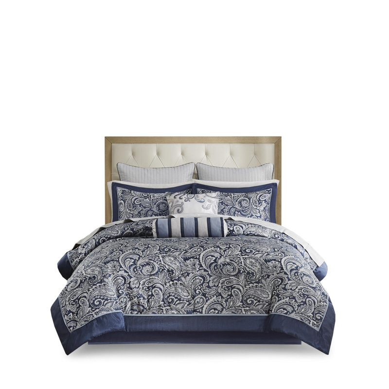 Polyester Jacquard Comforter 3 Piece Set, California King Comforter + 11 Additional Pieces, Navy