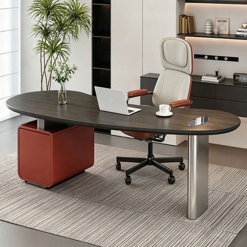 Bureau courbé en bois foncé avec armoire de rangement à gauche rouge, 55.12"W*29.53"D*29.53"H