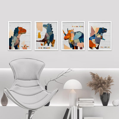 Petit garçon, chambre à coucher, dinosaure coloré, art contemporain encadré, 4 pièces, petit imprimé sur papier