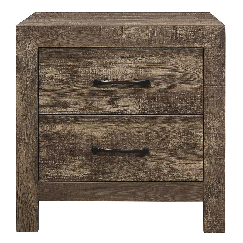 Table de chevet pour chambre à coucher, 2 tiroirs avec poignées en métal intrigantes, Brun rustique