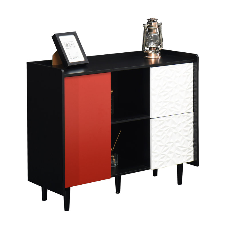 Buffet Buffet, armoire de rangement noire avec portes rouges, 2 tiroirs avec panneau unique et 2 compartiments de rangement ouverts, armoire de bar moderne pour la cuisine, la salle à manger,