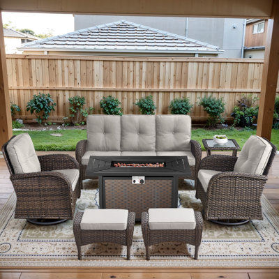 Aluel 7-Pieces Wicker Outdoor Conversation Set for 6 Person With 2 Rocking and Swivel Chairs & Fire Pit Table by Winston Porter