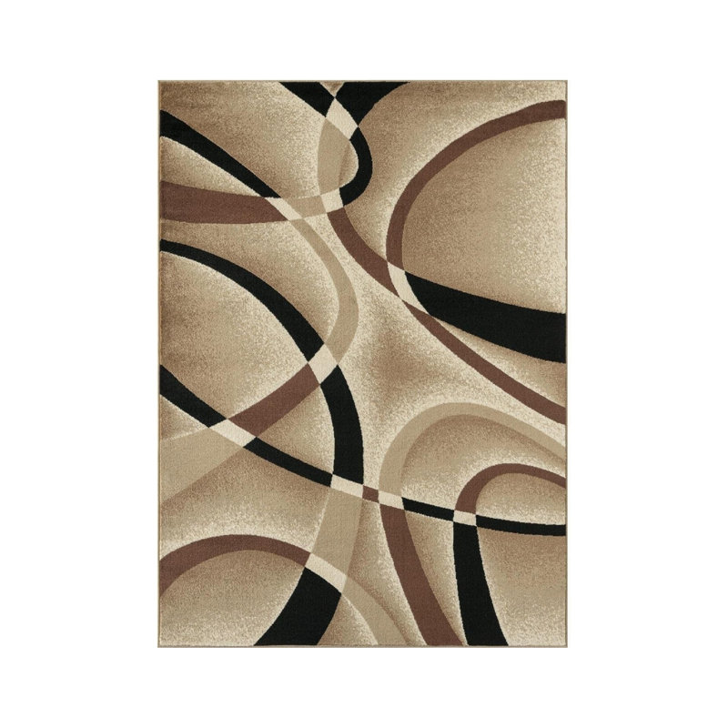 5' x 7' Beige Black Brown Abstract Swirl Rug for Living Room Bedroom