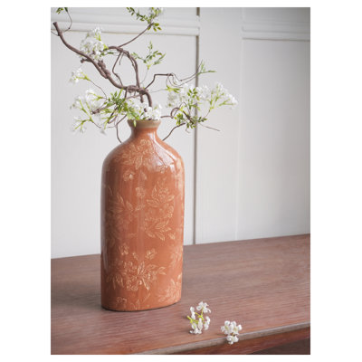 Vase d'appoint en céramique rouge avec motif floral - 14,4 po de hauteur, décoration de table cylindrique pour les styles maison de campagne et bohème