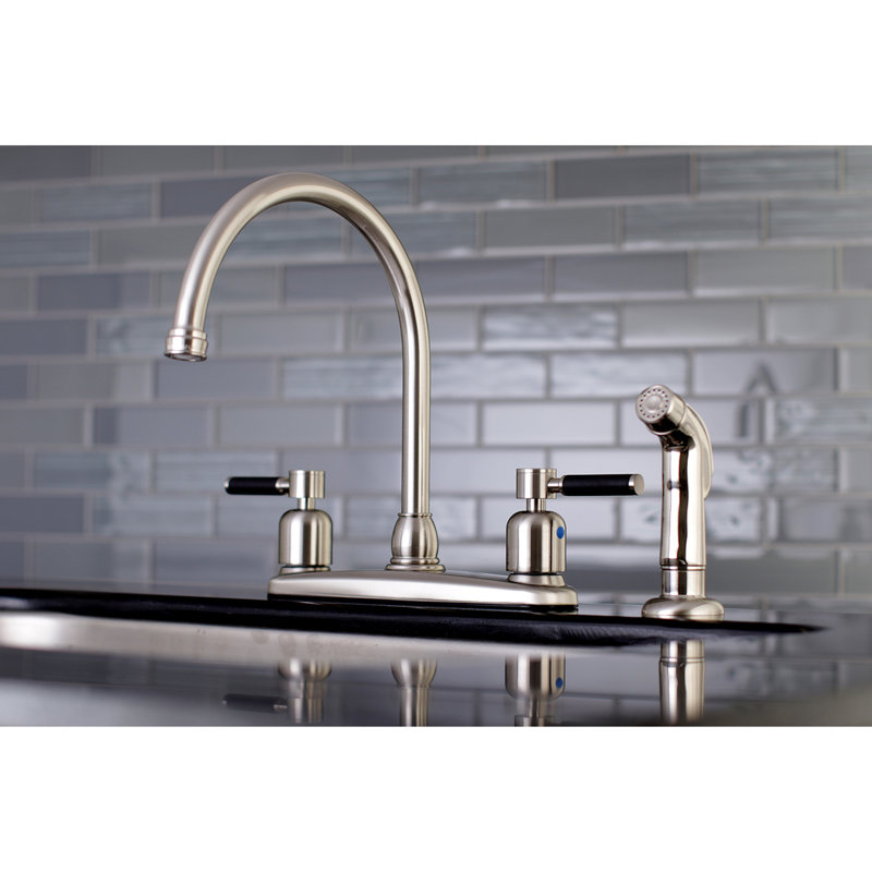 Kingston Brass Kaiser Two-Handle 4-Hole 8" Centerset Kitchen Faucet with Side Sprayer, Brushed Nickel