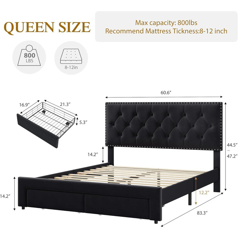 Structure de lit avec 2 tiroirs de rangement, avec support en lattes de bois, Black, Queen