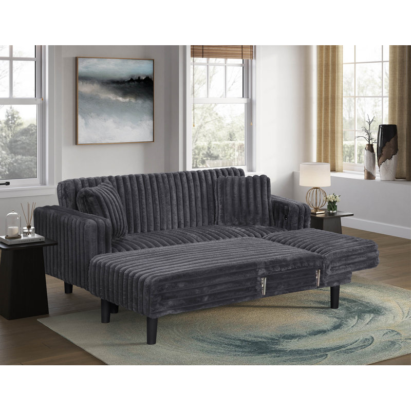 Corduroy Fabric Click Clack Reversible Sectional W/ USB + 2 Accent Pillows, Dark Gray Corduroy
