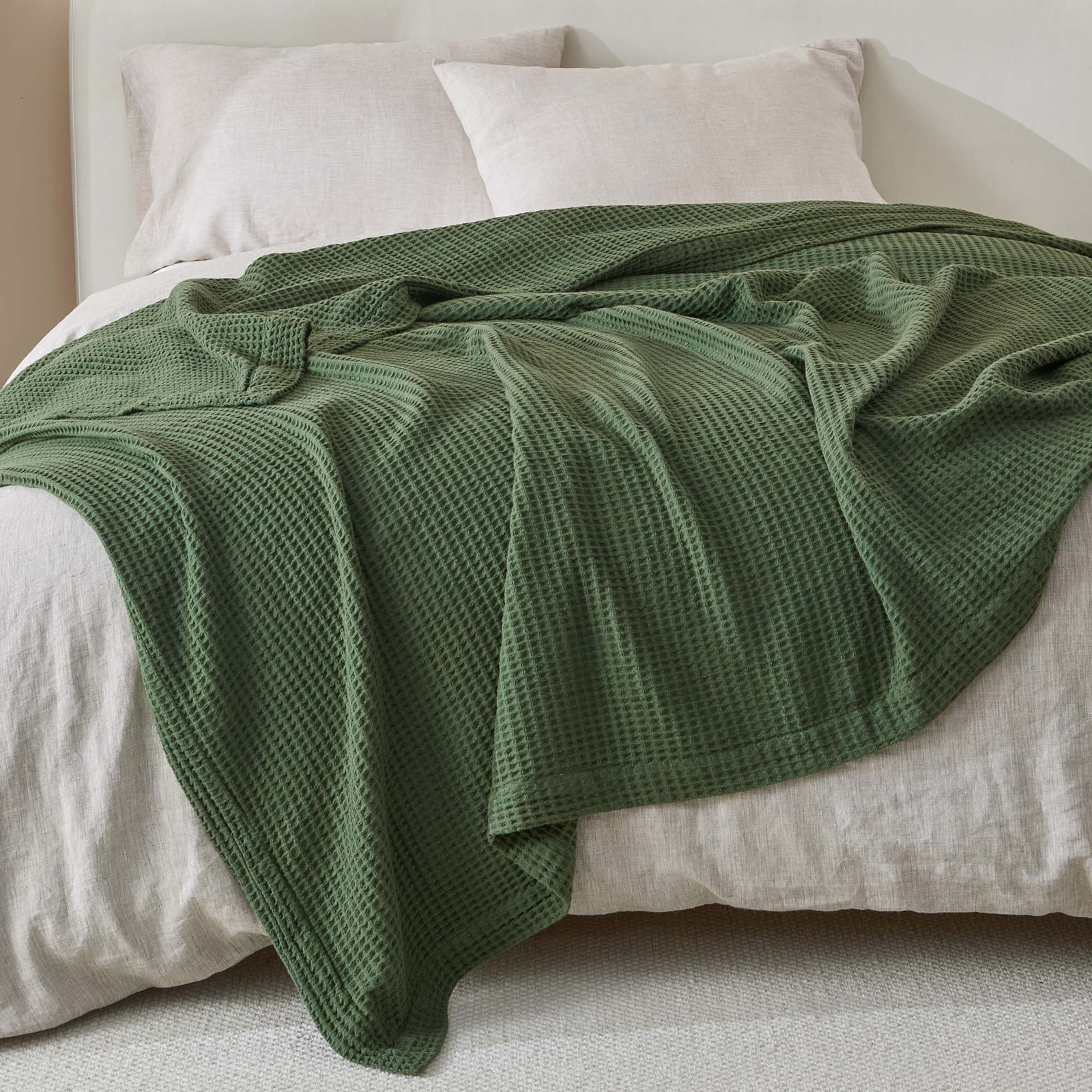100% Cotton Waffle Weave Blanket, Full/Queen, Forest Green