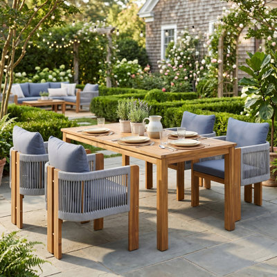 Ensemble de salle à manger d'extérieur de luxe 5 pièces, ensemble de salle à manger en bois d'acacia massif avec chaises tissées en corde, ensemble de mobilier de salle à manger de ferme pour le jardin, la cour