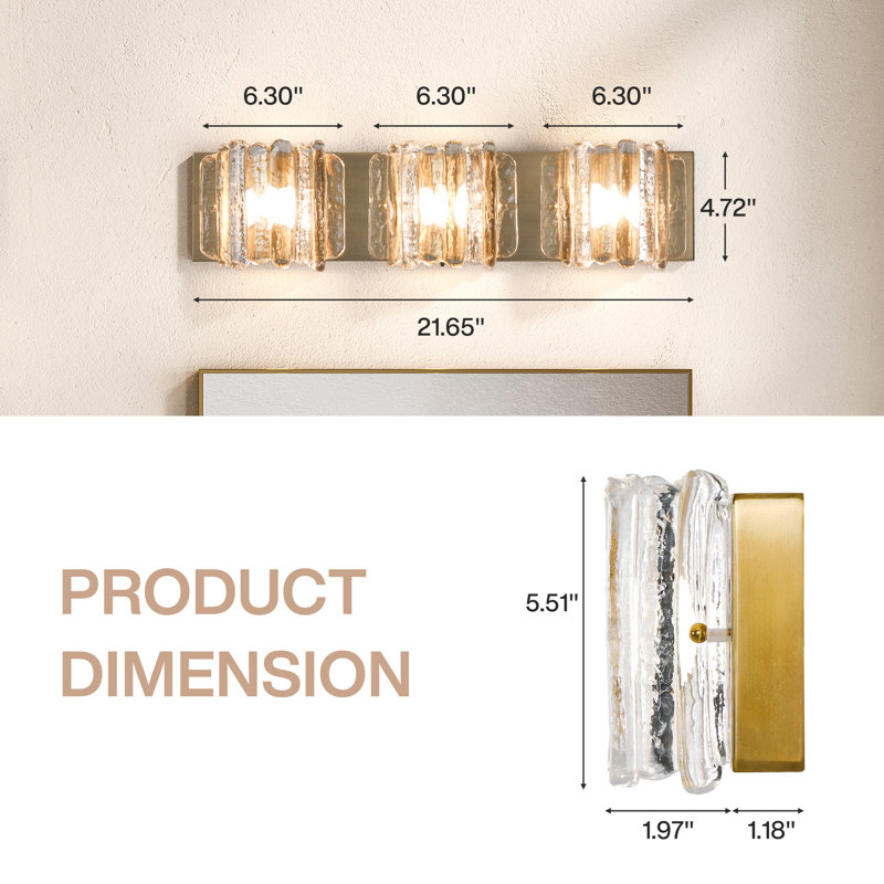 Luminaire de salle de bain 3 lumières à DEL avec abat-jour en verre ondulé