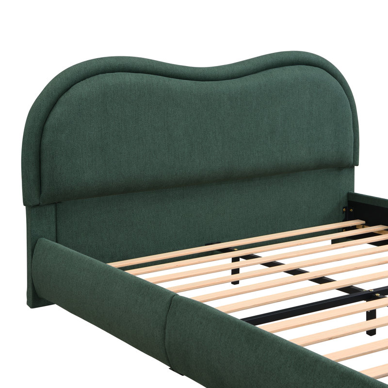 Structure de lit plateforme grand tapissier avec tête de lit arrondie à coins arrondis, lattes en bois, pieds en bois de chêne massif, tissu chenille, aucun sommier requis, assemblage facile, vert olive
