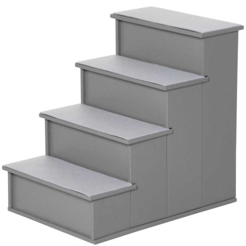 4 Step Wooden Pet Stairs, Non-Slip Carpeted Dog Steps for Bed & Sofa, Dark Brown, Holds up to 30kg, 40 x 59 x 54.2 cm, Grey
