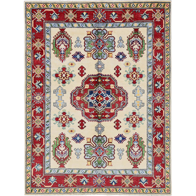 Tapis en mousseline de soie blanche 5 pi x 6 pi 6 po Kazak avec motif de médaillons géométriques, teinture végétale, noué à la main, tissage dense, 100% laine