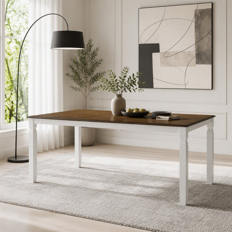 Table de salle à manger extensible 59 à 77 pouces avec pieds en bois d'hévéa, Beige