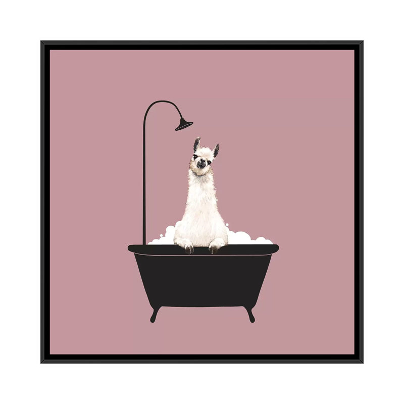 Lama dans une baignoire, H 18 po x l 18 po x P 1,5 po, Toile avec cadre noir